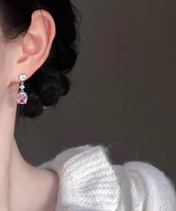 Minimalist 925 Silver Needle Pink Zircon Earrings, Trendy Niche Design Ear Accessories for Everyday Wear