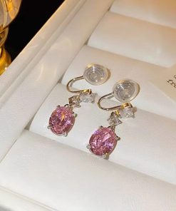 Minimalist 925 Silver Needle Pink Zircon Earrings, Trendy Niche Design Ear Accessories for Everyday Wear