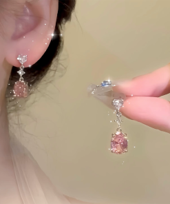 Minimalist 925 Silver Needle Pink Zircon Earrings, Trendy Niche Design Ear Accessories for Everyday Wear