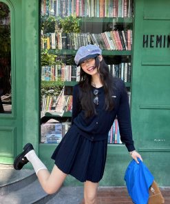 Minimalist Academic Style Knitted Cardigan and Skirt Set for Early Autumn - Chic Intellectual Outfit