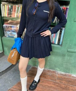 Minimalist Academic Style Knitted Cardigan and Skirt Set for Early Autumn - Chic Intellectual Outfit