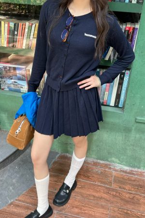 Minimalist Academic Style Knitted Cardigan and Skirt Set for Early Autumn - Chic Intellectual Outfit