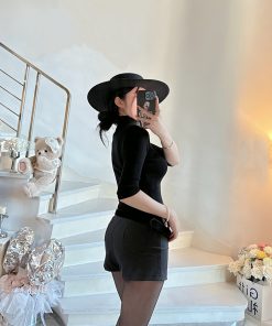 Minimalist American Fashion Half-High Neck Knitted Slim-Fit Solid Color Three-Quarter Sleeve Shirt for Girls - Spring Summer Style