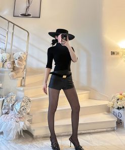 Minimalist American Fashion Half-High Neck Knitted Slim-Fit Solid Color Three-Quarter Sleeve Shirt for Girls - Spring Summer Style