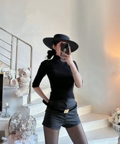 Minimalist American Fashion Half-High Neck Knitted Slim-Fit Solid Color Three-Quarter Sleeve Shirt for Girls - Spring Summer Style