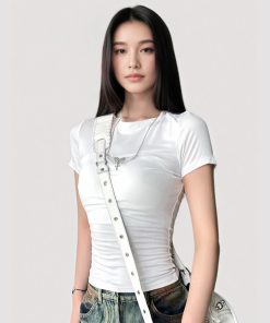Minimalist American-Style Round Neck Waist-Cinching Short Sleeve T-Shirt in Black and Gray - Versatile Slim Fit Fashion Top