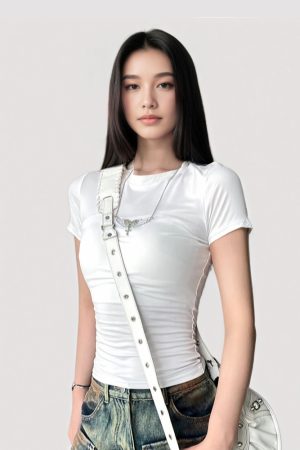 Minimalist American-Style Round Neck Waist-Cinching Short Sleeve T-Shirt in Black and Gray - Versatile Slim Fit Fashion Top