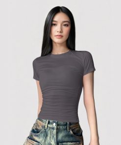 Minimalist American-Style Round Neck Waist-Cinching Short Sleeve T-Shirt in Black and Gray - Versatile Slim Fit Fashion Top