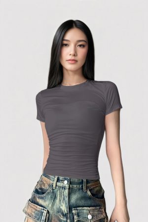 Minimalist American-Style Round Neck Waist-Cinching Short Sleeve T-Shirt in Black and Gray - Versatile Slim Fit Fashion Top