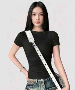 Minimalist American-Style Round Neck Waist-Cinching Short Sleeve T-Shirt in Black and Gray - Versatile Slim Fit Fashion Top