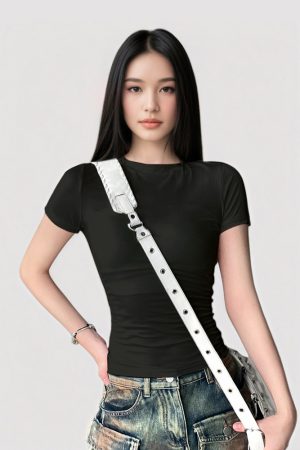 Minimalist American-Style Round Neck Waist-Cinching Short Sleeve T-Shirt in Black and Gray - Versatile Slim Fit Fashion Top
