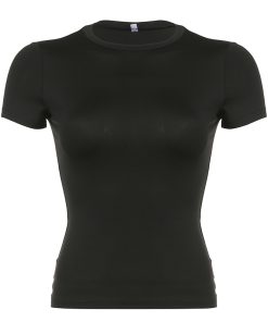 Minimalist American-Style Round Neck Waist-Cinching Short Sleeve T-Shirt in Black and Gray - Versatile Slim Fit Fashion Top