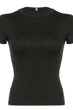 Minimalist American-Style Round Neck Waist-Cinching Short Sleeve T-Shirt in Black and Gray - Versatile Slim Fit Fashion Top