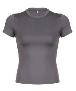 Minimalist American-Style Round Neck Waist-Cinching Short Sleeve T-Shirt in Black and Gray - Versatile Slim Fit Fashion Top