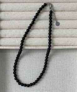 Minimalist Black Agate Beaded Choker Necklace for Women - High-End French Handmade Floating Design