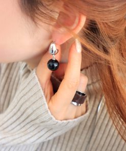 Minimalist Black Agate Tiger Eye Stone Round Ball Pendant Earrings - Retro European American Style Gold-Plated Jewelry