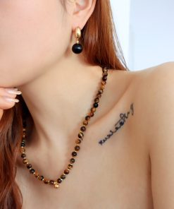 Minimalist Black Agate Tiger Eye Stone Round Ball Pendant Earrings - Retro European American Style Gold-Plated Jewelry