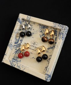 Minimalist Black Agate Tiger Eye Stone Round Ball Pendant Earrings - Retro European American Style Gold-Plated Jewelry