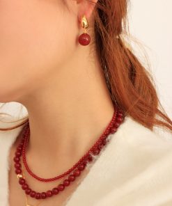 Minimalist Black Agate Tiger Eye Stone Round Ball Pendant Earrings - Retro European American Style Gold-Plated Jewelry