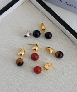 Minimalist Black Agate Tiger Eye Stone Round Ball Pendant Earrings - Retro European American Style Gold-Plated Jewelry