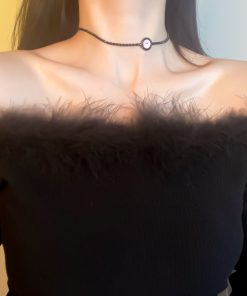 Minimalist Black Clavicle Chain Necklace with Big Eye Element and Crystal Inlay - 2025 European American Trendy Jewelry