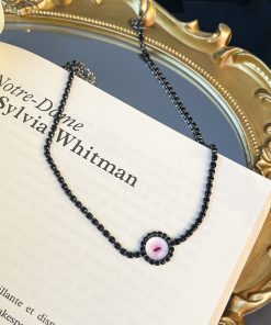 Minimalist Black Clavicle Chain Necklace with Big Eye Element and Crystal Inlay - 2025 European American Trendy Jewelry
