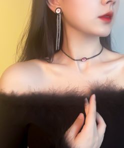 Minimalist Black Clavicle Chain Necklace with Big Eye Element and Crystal Inlay - 2025 European American Trendy Jewelry
