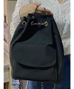 Minimalist Black Drawstring Backpack for Women - Lightweight High-End Chain Detail, Perfect for College and Summer Commuting
