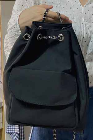Minimalist Black Drawstring Backpack for Women - Lightweight High-End Chain Detail, Perfect for College and Summer Commuting