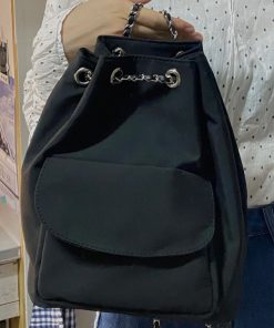 Minimalist Black Drawstring Backpack for Women - Lightweight High-End Chain Detail, Perfect for College and Summer Commuting