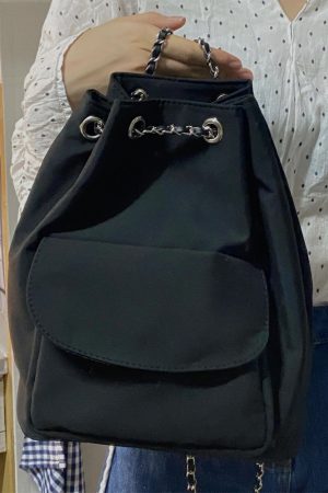 Minimalist Black Drawstring Backpack for Women - Lightweight High-End Chain Detail, Perfect for College and Summer Commuting
