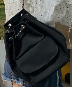 Minimalist Black Drawstring Backpack for Women - Lightweight High-End Chain Detail, Perfect for College and Summer Commuting