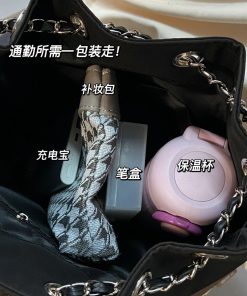 Minimalist Black Drawstring Backpack for Women - Lightweight High-End Chain Detail, Perfect for College and Summer Commuting