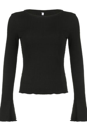 Minimalist Black Textured Long Sleeve T-Shirt - Flared Round Neck Base Layer for Autumn Winter 2025, Waist-Defining Style