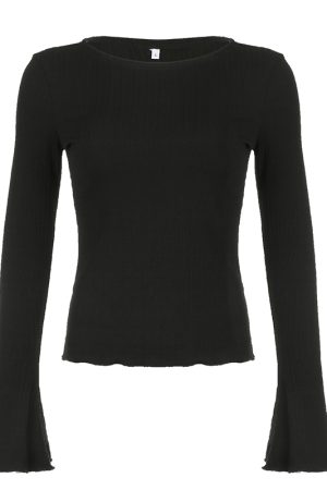 Minimalist Black Textured Long Sleeve T-Shirt - Flared Round Neck Base Layer for Autumn Winter 2025, Waist-Defining Style