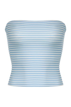 Minimalist Blue Striped Backless Strapless Crop Top - Women's Fitted Knitted Summer Shirt, Casual Y2K Style
