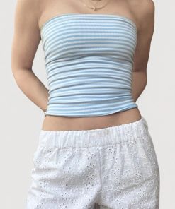 Minimalist Blue Striped Backless Strapless Crop Top - Women's Fitted Knitted Summer Shirt, Casual Y2K Style