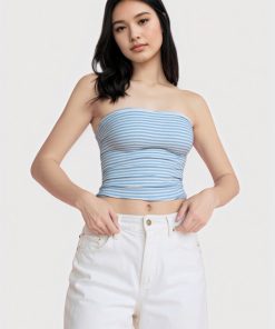 Minimalist Blue Striped Backless Strapless Crop Top - Women's Fitted Knitted Summer Shirt, Casual Y2K Style