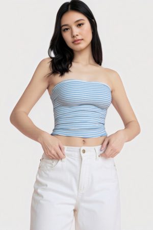 Minimalist Blue Striped Backless Strapless Crop Top - Women's Fitted Knitted Summer Shirt, Casual Y2K Style