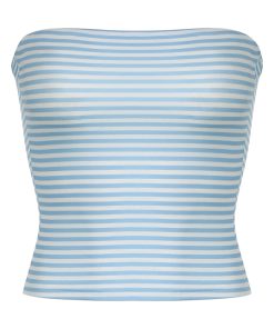Minimalist Blue Striped Backless Strapless Crop Top - Women's Fitted Knitted Summer Shirt, Casual Y2K Style