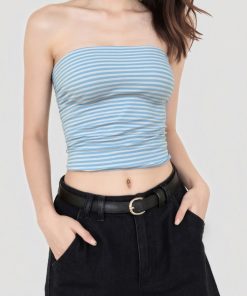Minimalist Blue Striped Backless Strapless Crop Top - Women's Fitted Knitted Summer Shirt, Casual Y2K Style