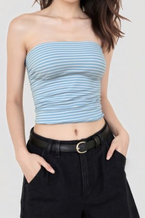 Minimalist Blue Striped Backless Strapless Crop Top - Women's Fitted Knitted Summer Shirt, Casual Y2K Style