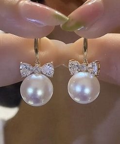 Minimalist Bowknot Zircon Pearl Drop Earrings â€“ Japanese & Korean Trendy Fashion for Women, Exquisite & Versatile Jewelry