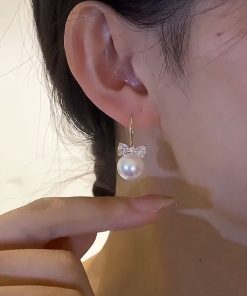 Minimalist Bowknot Zircon Pearl Drop Earrings â€“ Japanese & Korean Trendy Fashion for Women, Exquisite & Versatile Jewelry