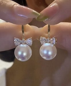 Minimalist Bowknot Zircon Pearl Drop Earrings â€“ Japanese & Korean Trendy Fashion for Women, Exquisite & Versatile Jewelry