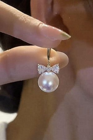 Minimalist Bowknot Zircon Pearl Drop Earrings â€“ Japanese & Korean Trendy Fashion for Women, Exquisite & Versatile Jewelry