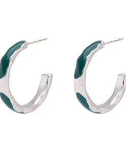 Minimalist C-Shaped Earrings for Women, Retro Floating Design with Dark Green Accents, 925 Silver Metal Texture Ear Accessories