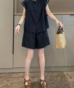 Minimalist Casual Women's Embroidered Cap Sleeve Shirt and Shorts Two-Piece Set - Summer 2025 Fashion