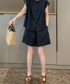 Minimalist Casual Women's Embroidered Cap Sleeve Shirt and Shorts Two-Piece Set - Summer 2025 Fashion