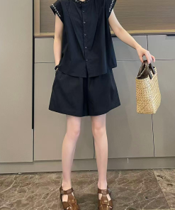 Minimalist Casual Women's Embroidered Cap Sleeve Shirt and Shorts Two-Piece Set - Summer 2025 Fashion